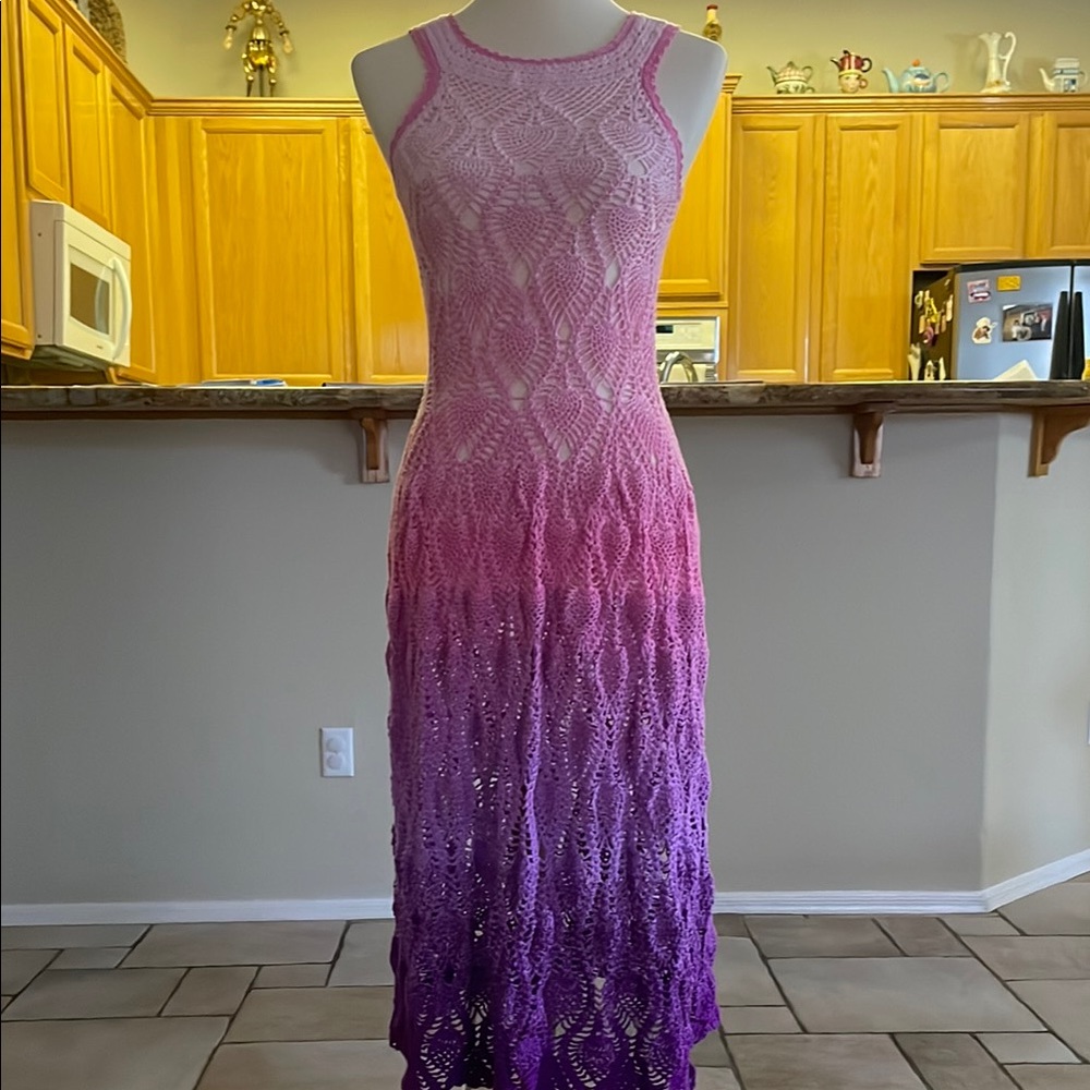 Crochet Purple and Pink Ombre Lace Dress Size S-M handmade 100% New length 30”